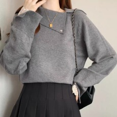 批发<b class='q'>韩版</b>秋季新款大翻领蕾丝拼接洋气百搭针织衫大码宽松版型毛衣<b class='q'>长袖</b>