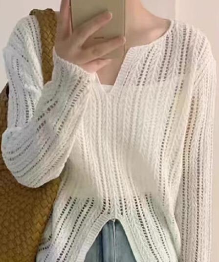 한 부서 작은 V넥 홀로우 아웃 니트 불규칙 긴팔 트임 자외선 차단 블라우스 얇은 스타일 긴팔 맨위 여성