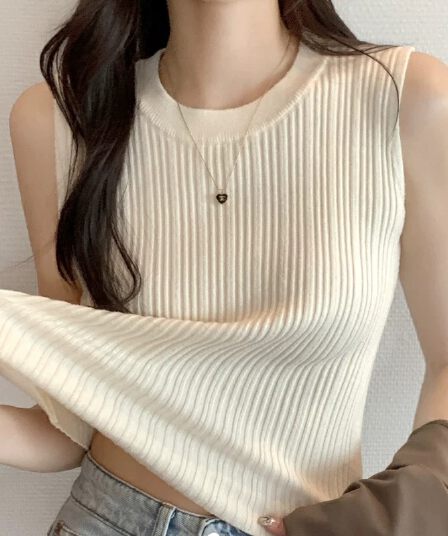 여름 새로운 민소매 구덩이 기사 다용도 니트 조끼 얇은 스타일 느긋한 맨위 신축성 몸매 가꾸기 패션 조끼 여성