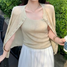 批发26年夏秋新款纯色<b class='q'>百搭</b>方领针织背心+外搭针织开衫两件套装女上衣