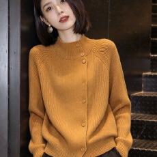 批发韩版孔雀蓝高领双排扣针织<b class='q'>开衫</b><b class='q'>女</b>宽松慵懒风保暖软糯毛衣外套