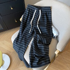 批发慵懒风灰色条纹阔腿裤<b class='q'>女</b>2025秋冬高腰直筒裤子加绒休闲针织裤