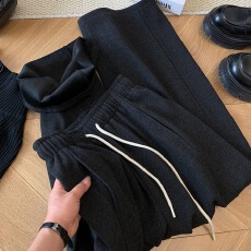 批发深灰色加绒休闲裤女冬季新款.宽松<b class='q'>高腰</b>直筒加厚垂感毛呢阔腿裤