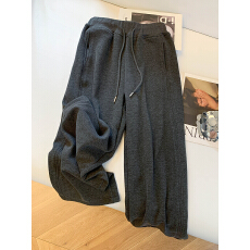 批发2025年<b class='q'>秋</b>冬新款松紧腰抽绳休闲毛呢阔腿裤女宽松显瘦加绒弯刀长裤