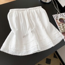 批发<b class='q'>时尚</b>白色木耳花边半身裙女夏季压褶A字半裙松紧腰防走光蓬蓬短裙
