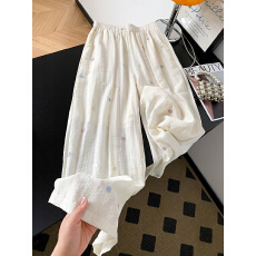 批发杏色刺绣冰丝亚麻<b class='q'>阔腿裤女</b>2026夏季新款宽松显瘦慵懒休闲长裤