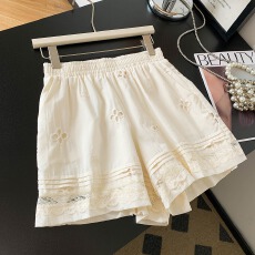 批发米白色镂空蕾丝亚麻短裤女夏季2026独特超好看裤子休闲a字<b class='q'>阔腿裤</b>
