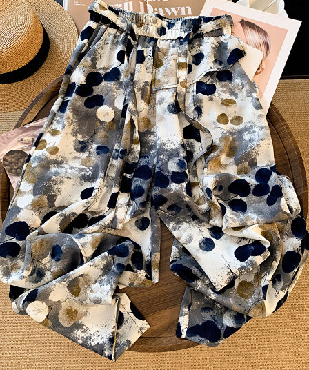 프린트 캐주얼 바지 여성 여름 얇은 얼음 실크 꽃 바지 2026 새로운 하이웨이스트 느긋한 바람 해변 넓은 다리 스트레이트 팬츠