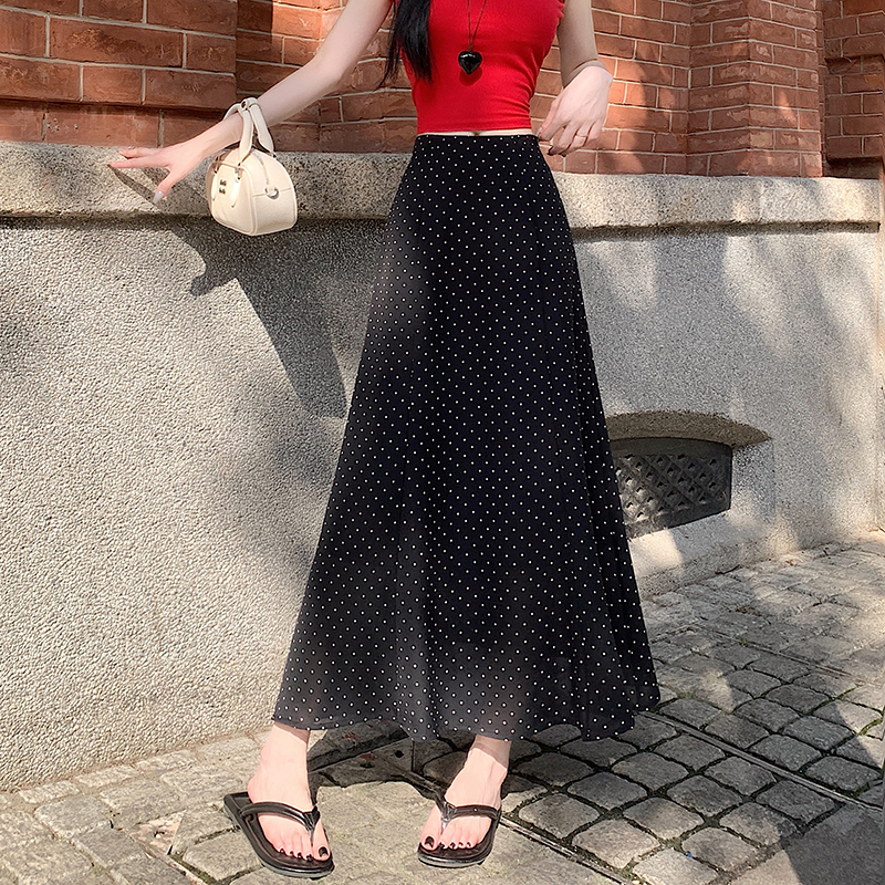 실사 화이트 도트 무늬 반신 스커트 여름 새로운 중간 길이 프랑스식 하이웨이스트 슬림해 보이는 한 마디 큰 진자 인어 꼬리 스커트