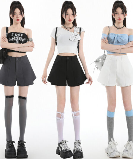 실사 2026 봄 여름 새로운 플리츠 반바지 여성 하이웨이스트 디자인 센스 프릴 패치워크 한 마디 치마바지 반바지 여성