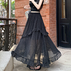 批发实拍2026复古红色波点开叉半身裙女夏季新款伞裙荷叶边大摆长裙女