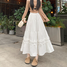 批发实拍法式甜美木耳边半身裙女2026春夏秋新款高腰中长款a字裙子