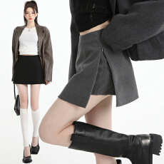 批发实拍毛呢<b class='q'>半身裙</b>女秋冬<b class='q'>高腰</b>防走光设计感侧开叉辣妹a字包臀短裙裤