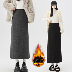 批发实拍常规和加绒灰色亮片毛呢半身裙女秋<b class='q'>冬</b>包臀裙高腰后开叉中长裙
