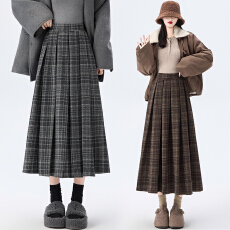 批发实拍2025秋冬新款咖色格子毛呢百褶<b class='q'>半身裙</b><b class='q'>女</b>韩系高腰a字长裙<b class='q'>厚</b>款