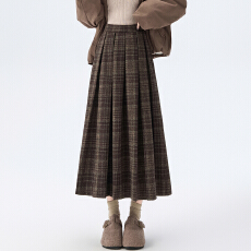 批发实拍2025秋冬新款咖色格子毛呢百褶<b class='q'>半身裙</b><b class='q'>女</b>韩系高腰a字长裙<b class='q'>厚</b>款
