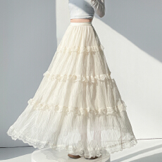 批发实拍蕾丝拼接蛋糕裙女2026春季新款高腰<b class='q'>雪纺</b>半身裙遮胯超仙<b class='q'>长裙女</b>