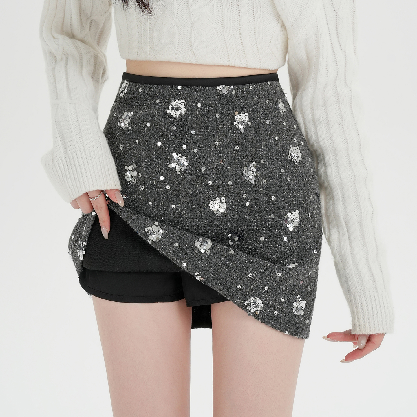 실사 신년 착용 가져 가라. 스팽글 모직 반신 스커트 여성 겨울 새로운 품격 하이웨이스트 타이트 스커트 한 마디 미니 스커트 트렌디
