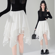 批发实拍不规则白色半身裙女2026春季<b class='q'>新款</b>勾花蕾丝拼接设计感中裙女
