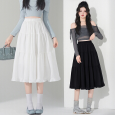 批发实拍白色半身裙女2026春<b class='q'>夏</b>新款褶皱高腰中裙a字伞裙中长裙蛋糕裙
