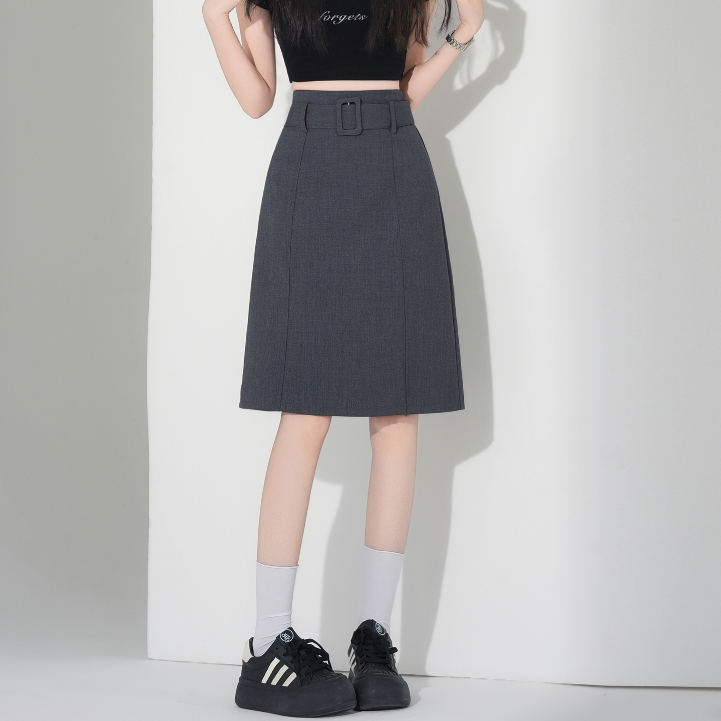 实拍2026春夏新灰色后开叉西装中裙女高腰显瘦包臀a字半身直筒裙