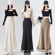 批发实拍蕾丝拼接醋酸鱼尾裙半身裙女2026春夏新款a字裙中长款<b class='q'>半裙</b>女