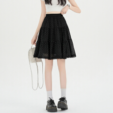 批发实拍甜美波点半身裙女2026春夏新款网纱木耳边a字裙拼接五分中裙