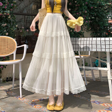 批发实拍网纱百褶裙蛋糕半身裙女2026夏季高腰显瘦蕾丝边a字大摆长裙