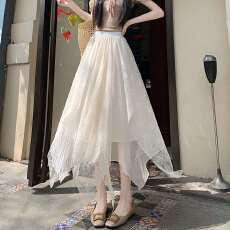 批发实拍蕾丝拼接不规则A字半身裙女春夏2026新款高腰显瘦网纱裙长裙