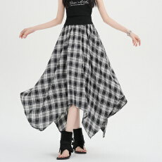 批发实拍黑格不规则<b class='q'>半身裙</b>女2026夏新款复古气质高腰垂感中<b class='q'>长款</b>a字裙