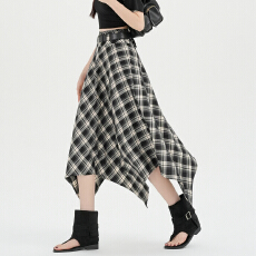 批发实拍格纹高腰不规则半身裙女2026春夏新款显瘦宽松设计感a字长裙
