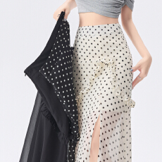 批发实拍法式不规则荷叶边黑色半身裙女2026春夏高腰开叉网纱包臂长裙