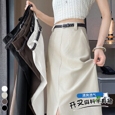 批发实拍亚麻直筒开叉半身裙女夏季新款老钱风高腰显瘦<b class='q'>百搭</b>中长款半裙