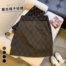 批发实拍文艺风<b class='q'>复古</b>格纹半身裙女2026秋季新款防走光百搭毛呢包臀短裙