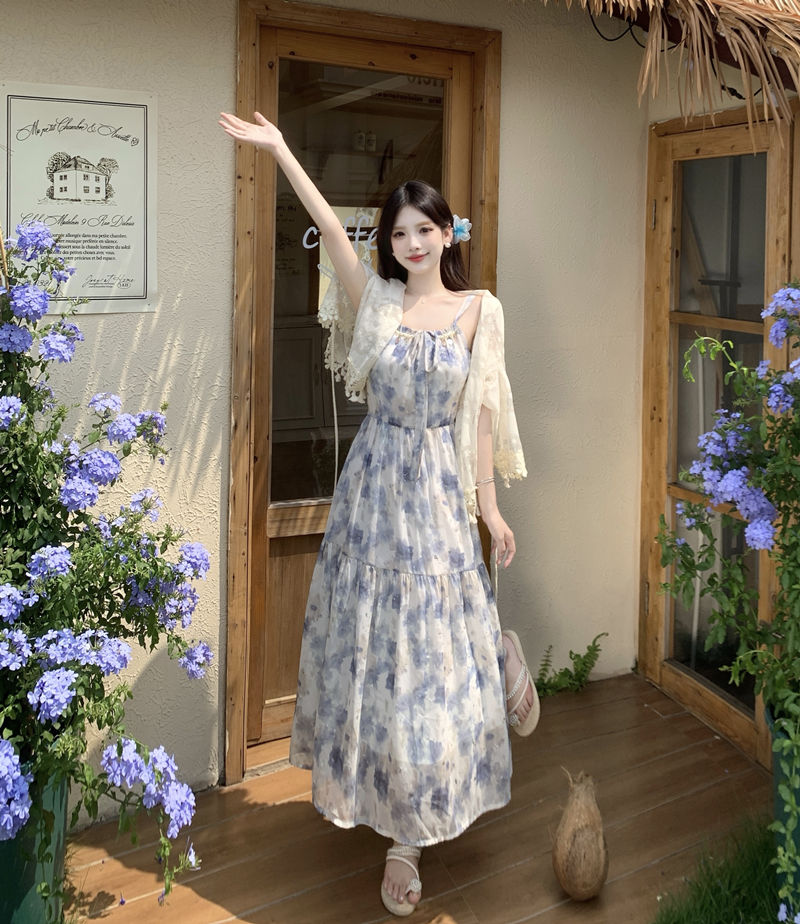 지방 mm 프랑스식 품격 꽃무늬 여성 드레스 여름 유화 휴가 슬립 롱 스커트 허리 수축 표지 고기 롱 스커트