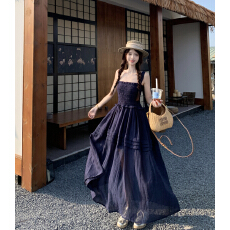 批发简约法式度假风高腰显瘦吊带<b class='q'>连衣裙</b><b class='q'>女</b>夏气质高腰a字显瘦收腰长<b class='q'>裙</b>