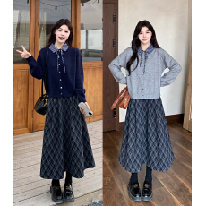 批发<b class='q'>韩版</b>格子衬衣领正肩针织开衫女秋季<b class='q'>大码</b>胖mm显瘦设计感假两件毛衣