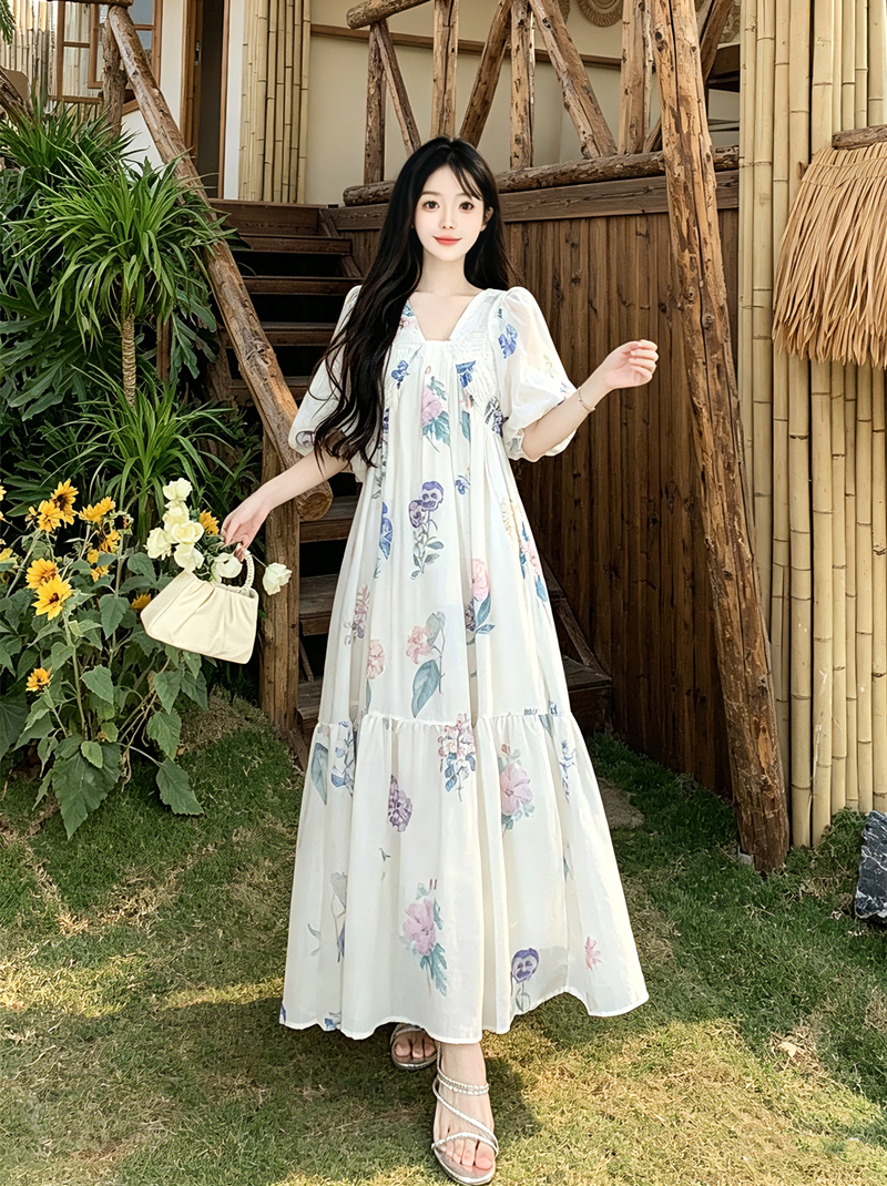 빅 사이즈 휴가 바람 슈퍼 잘 생긴 드레스 품격 명문 여성 고급 절묘한 꽃무늬 거품 소매 V넥 아름다운 작은 치마