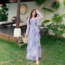 批发大码气质一整套ootd穿搭夏季高级感减龄碎花吊带连衣裙子两件<b class='q'>套装</b>