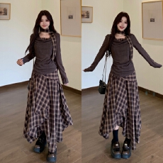 批发胖MM美拉德咖色荡领撞色长袖T恤女<b class='q'>春</b>季复古格纹半身长裙两件套