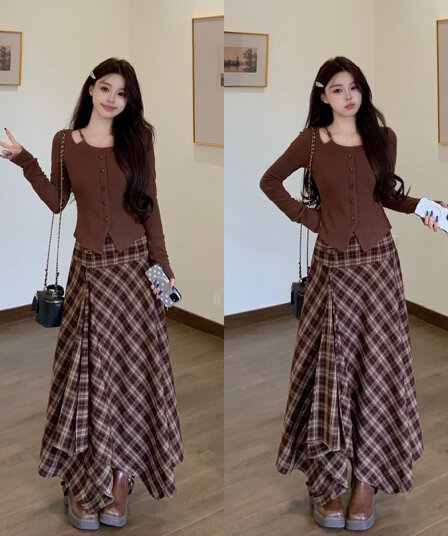 가을 겨울 빅 사이즈 여성 의류 지방 mm 커피 색상 긴팔 몸매 가꾸기 니트 스웨터 여성 커피 색상 체크무늬 반신 스커트 투피스 세트