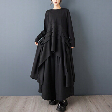 批发实拍春秋小众暗黑风不规则荷叶边连衣裙宽松休闲慵懒风时尚中<b class='q'>长裙</b>