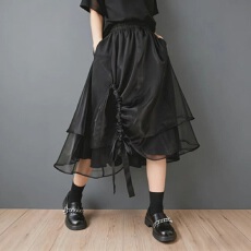 批发实拍山本风暗黑不规则设计侧边抽绳半身裙<b class='q'>欧根纱</b>小众时尚橡筋裙