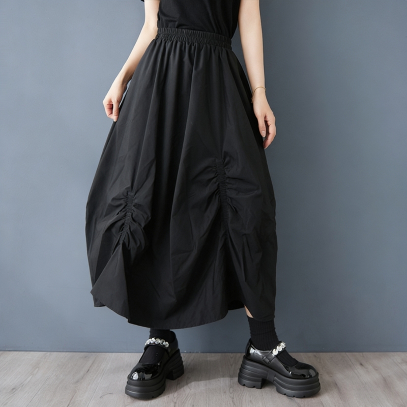 실사 다크 색상 작은 대중 디자인 센스 불규칙 개성 핀치 Pleat 반신 스커트 캐주얼 다용도 야마모토 바람 참나무 늑골 치마