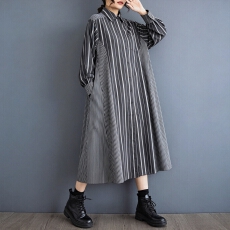 批发实拍春秋高级感不对称条纹拼接休闲衬衫<b class='q'>裙</b>时尚百搭韩版宽松连衣<b class='q'>裙</b>