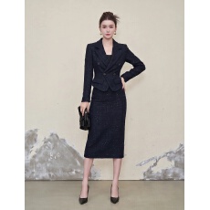 批发2026秋冬小香风新品藏蓝显瘦时尚套装<b class='q'>女</b>神范包臀裙长袖小西服<b class='q'>女</b>装