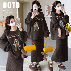 批发实拍现~秋冬加厚懒人套装针织毛衣两面穿<b class='q'>上衣</b>外套+半身裙两件套