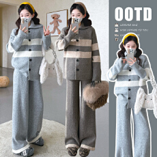 批发实拍现~秋冬条纹加厚套装韩版时尚宽松高领翻领毛衣+阔腿裤两件套