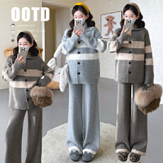 批发实拍现~秋冬毛衣针织裤子套装高级感简约条纹<b class='q'>上衣</b>+阔腿裤两件套