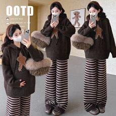 批发实拍现~2025秋冬套装韩版加厚连帽毛衣上衣+条纹阔腿裤两件套